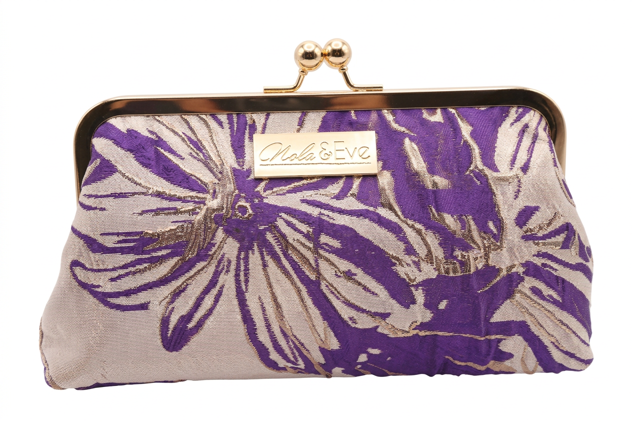 Nola & Eve Regal Bloom Classic handmade brocade clutch with floral artistry and gold kiss-lock frame, limited-edition statement bag