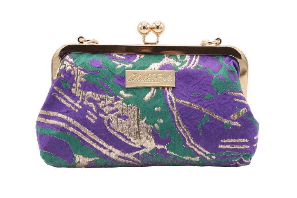 Nola & Eve Desert Mirage Classic statement clutch in richly woven brocade with top handle, satin lined