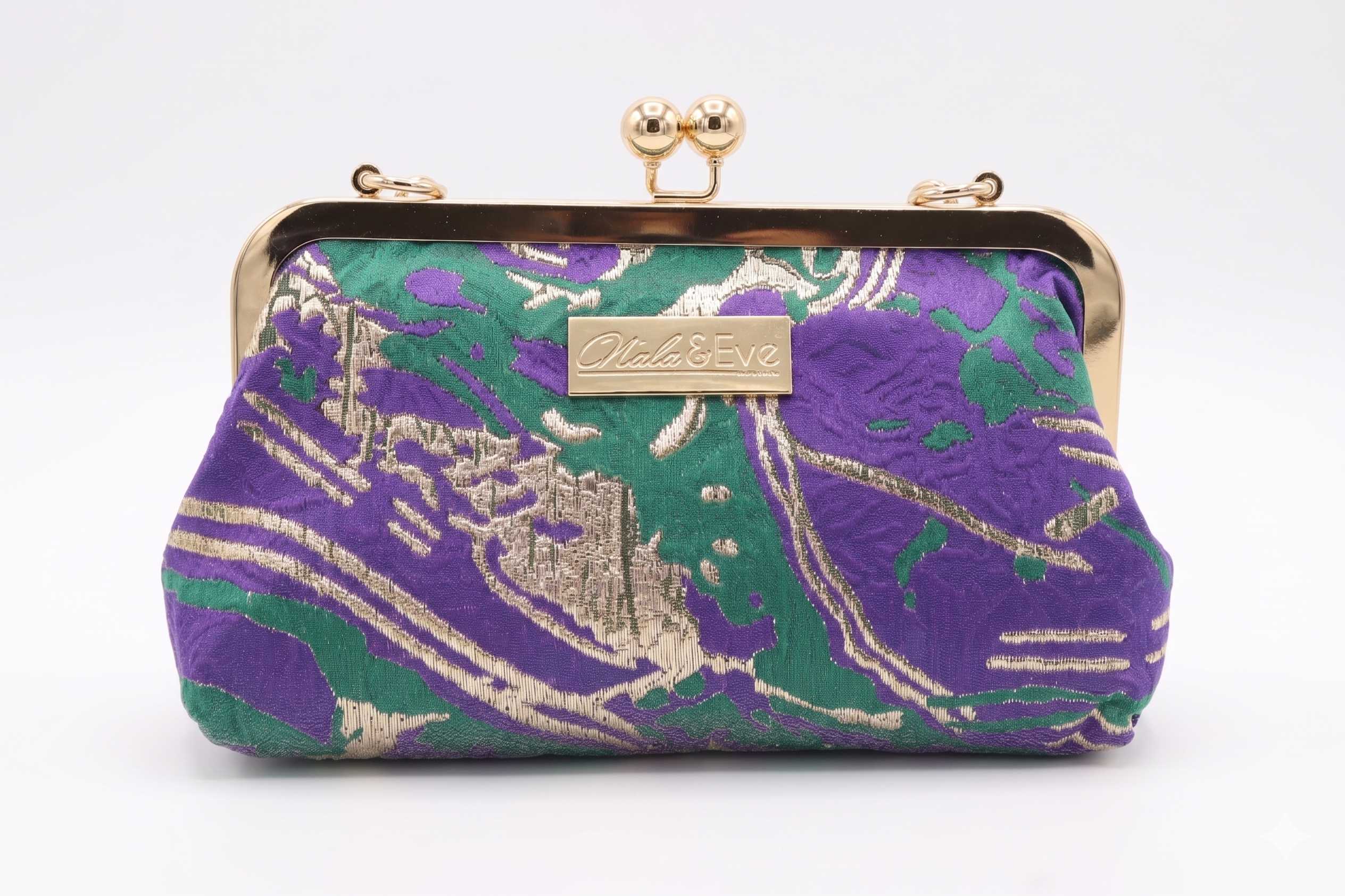 Nola & Eve Desert Mirage Classic statement clutch in richly woven brocade with top handle, satin lined