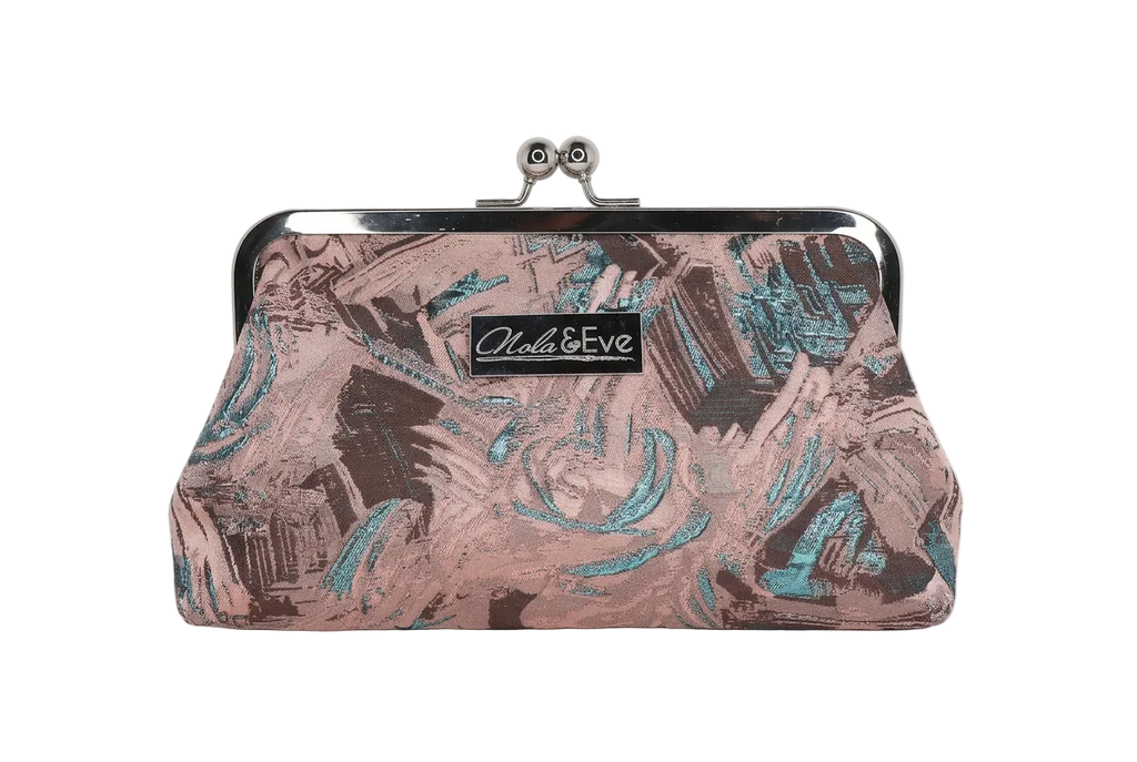 Nola & Eve Midnight Skyline Classic handmade brocade clutch with gold kiss-lock frame, limited-edition statement bag