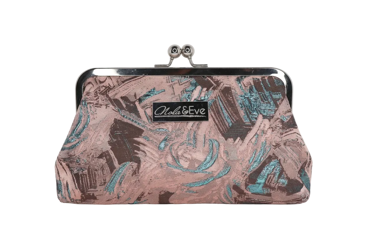 Nola & Eve Midnight Skyline Classic handmade brocade clutch with gold kiss-lock frame, limited-edition statement bag