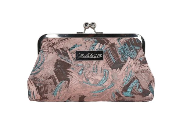 Nola & Eve Midnight Skyline Classic handmade brocade clutch with gold kiss-lock frame, limited-edition statement bag
