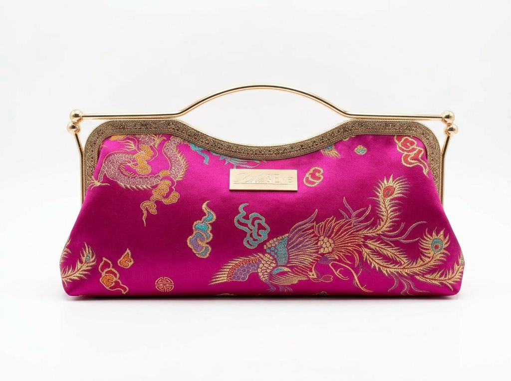 Nola & Eve Phoenix Dynasty Contemporary Classic handmade brocade clutch with gold ornate frame and phoenix-and-dragon embroidery, limited-edition statement bag