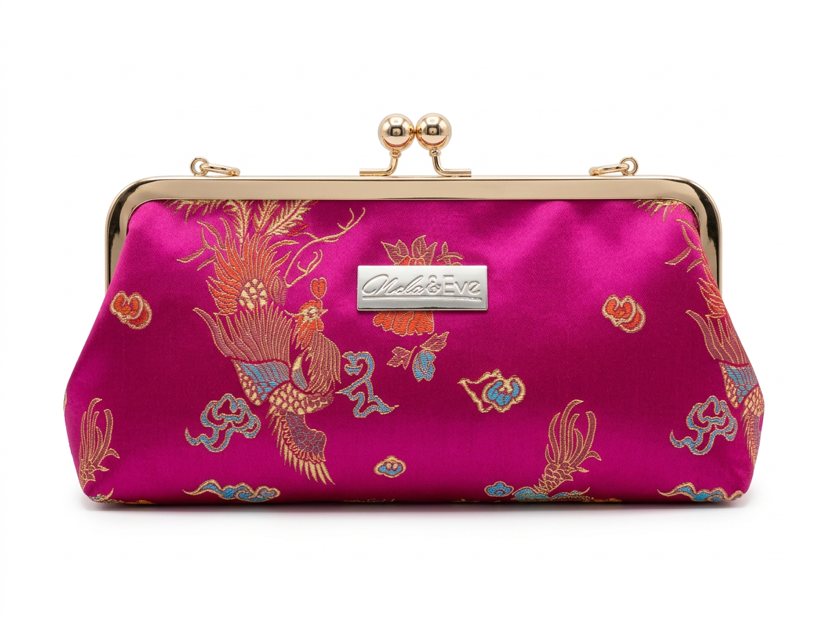 Nola & Eve Phoenix Dynasty Classic handmade brocade clutch with gold ornate frame and phoenix-and-dragon embroidery, limited-edition statement bag