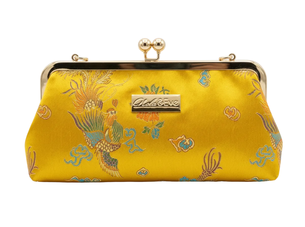 Nola & Eve Phoenix Dynasty Classic handmade brocade clutch with gold ornate frame and phoenix-and-dragon embroidery, limited-edition statement bag