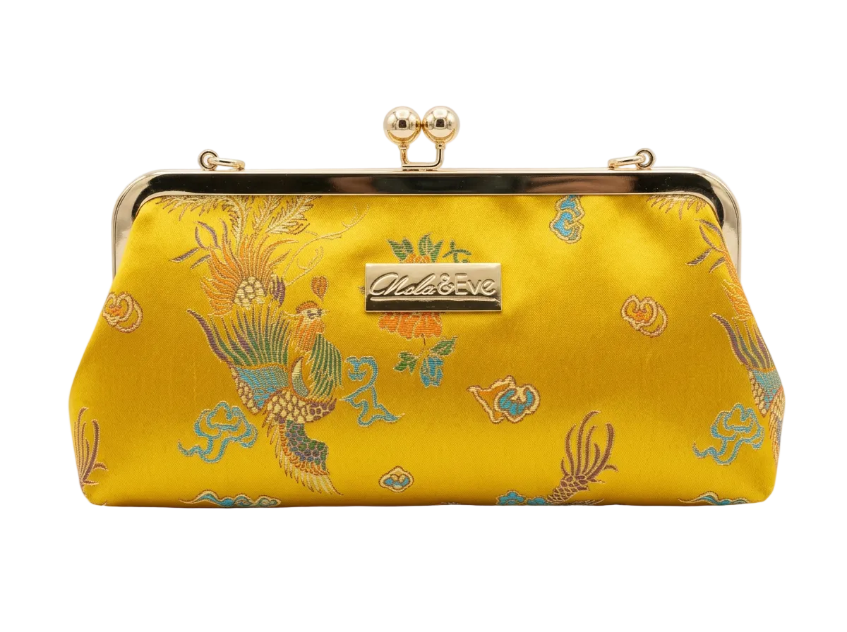 Nola & Eve Phoenix Dynasty Classic handmade brocade clutch with gold ornate frame and phoenix-and-dragon embroidery, limited-edition statement bag