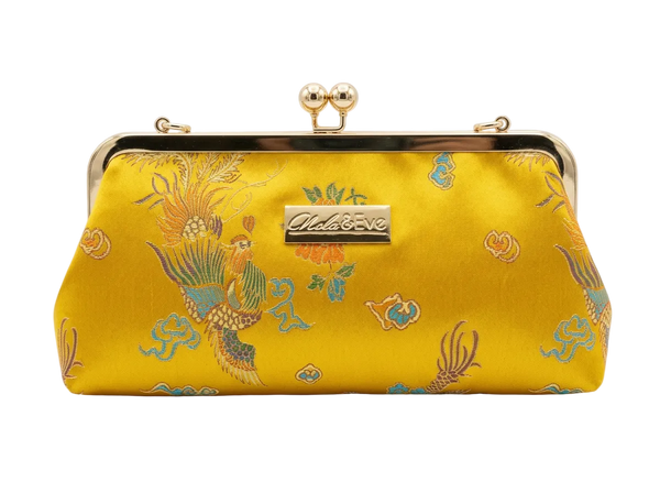 Nola & Eve Phoenix Dynasty Classic handmade brocade clutch with gold ornate frame and phoenix-and-dragon embroidery, limited-edition statement bag