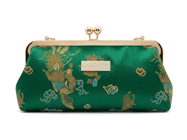 Nola & Eve Phoenix Dynasty Classic statement clutch in woven brocade with dual kiss-lock gold frame
