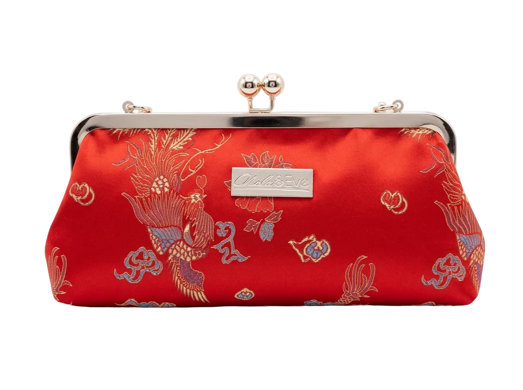 Nola & Eve Phoenix Dynasty Classic statement clutch in woven brocade with dual kiss-lock gold frame