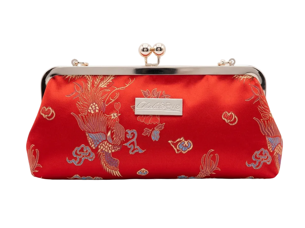 Nola & Eve Phoenix Dynasty Classic statement clutch in woven brocade with dual kiss-lock gold frame