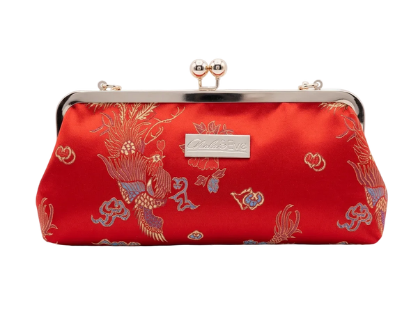 Nola & Eve Phoenix Dynasty Classic statement clutch in woven brocade with dual kiss-lock gold frame