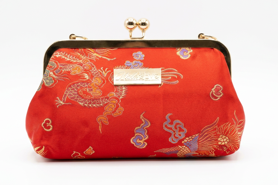 Handmade Phoenix Dynasty Classic brocade evening clutch by Nola & Eve with detachable crossbody chain