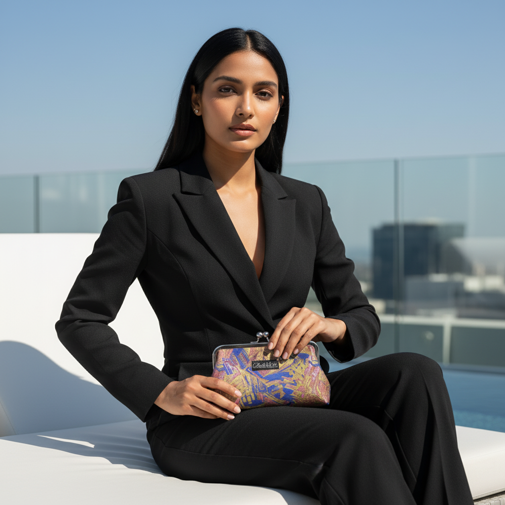 Nola & Eve Midnight Skyline Classic statement clutch in richly woven brocade with top handle, satin lined