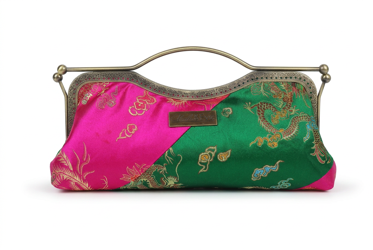 Nola & Eve Phoenix Dynasty Signature two-tone brocade clutch with gold ornate frame and phoenix-and-dragon detailing, limited-edition statement bag