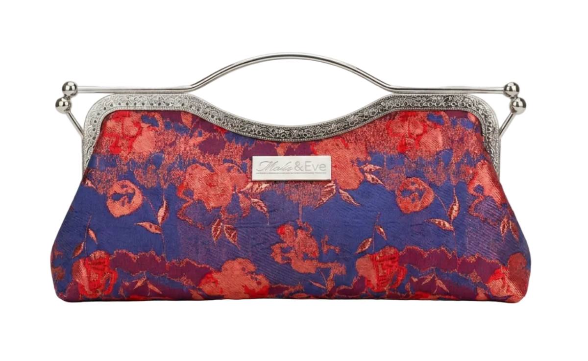 Nola & Eve Blossom Veil Classic Contemporary floral brocade clutch in navy blue with silver kiss-lock frame , limited-edition statement bag