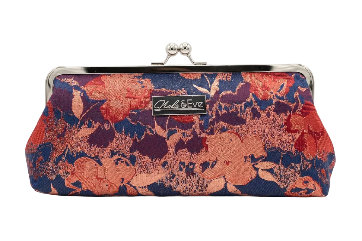 Nola & Eve Blossom Veil Classic statement clutch in floral woven brocade with top handle, satin lined