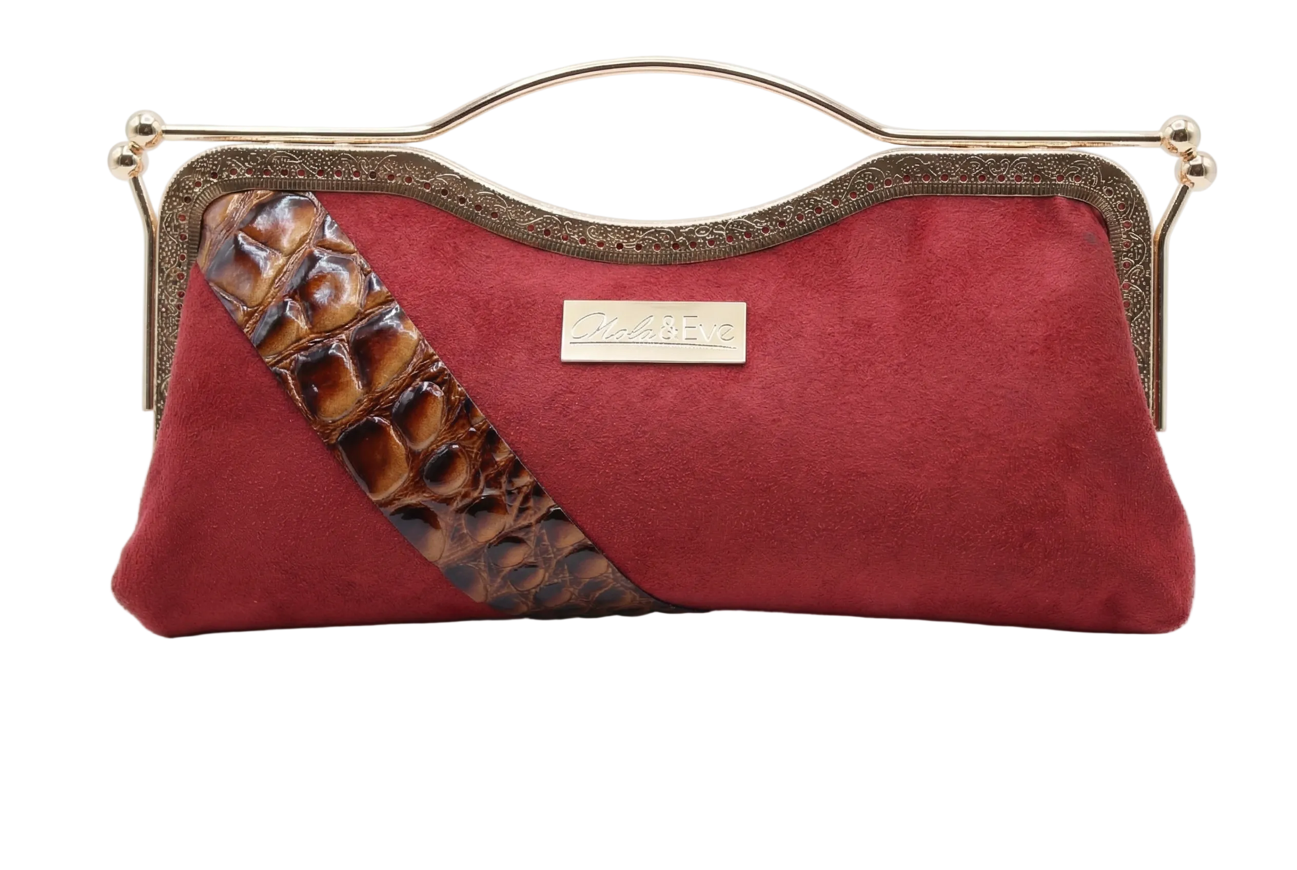 Canyon Belle suede and croc clutch by Nola & Eve with curved top handle and crossbody chain