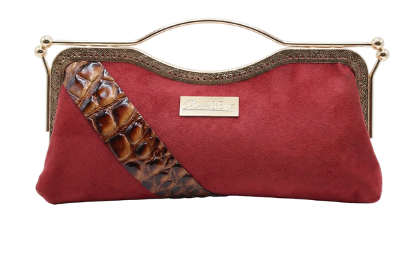 Canyon Belle suede and croc clutch by Nola & Eve with curved top handle and crossbody chain