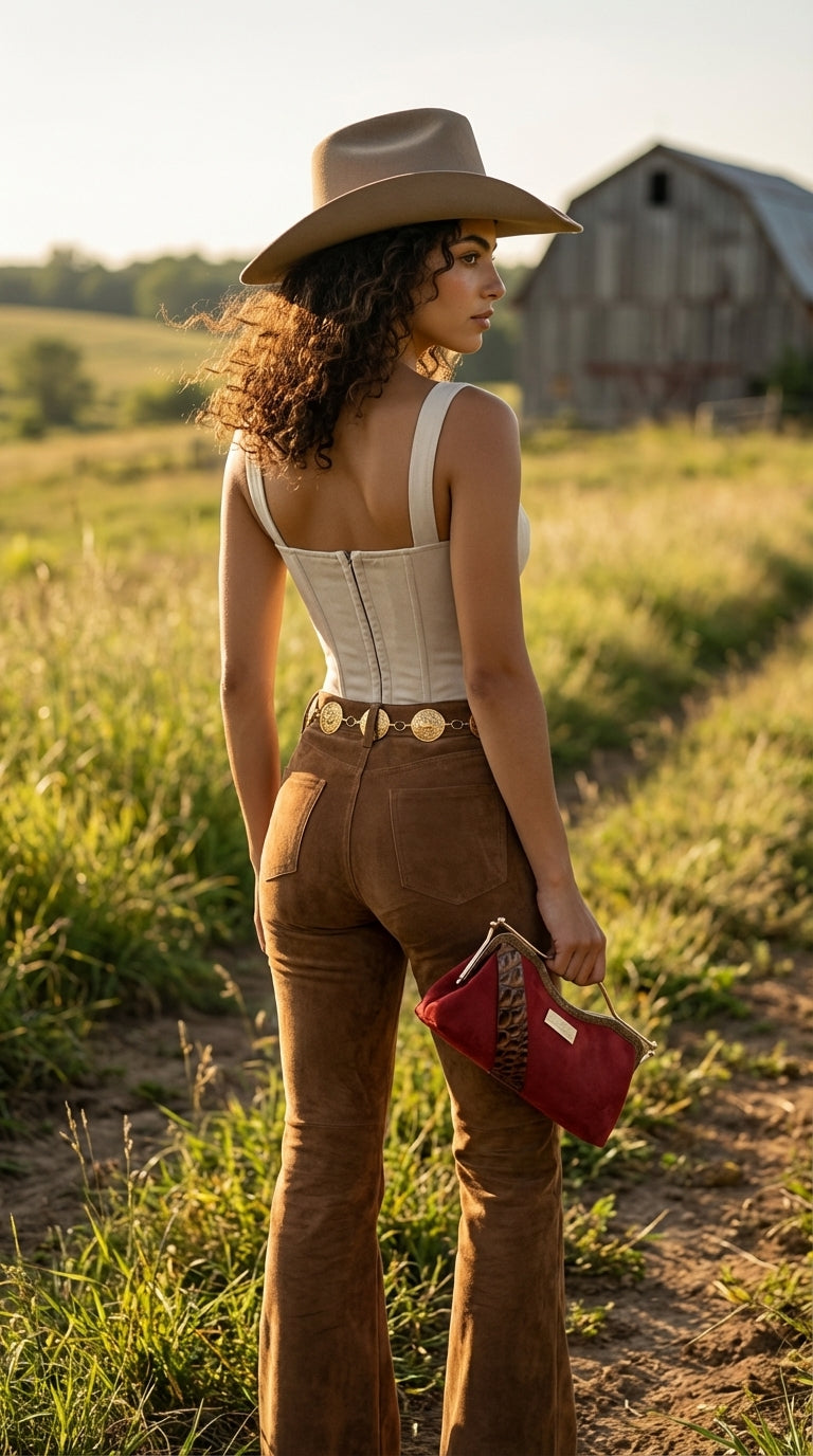 Nola & Eve Canyon Belle clutch in luxe suede with diagonal croc-embossed panel and gold kiss-lock frame, handmade western-inspired statement bag