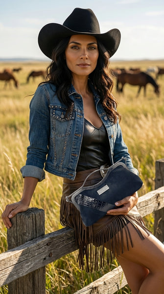 Canyon Belle suede and croc clutch by Nola & Eve with curved top handle and crossbody chain