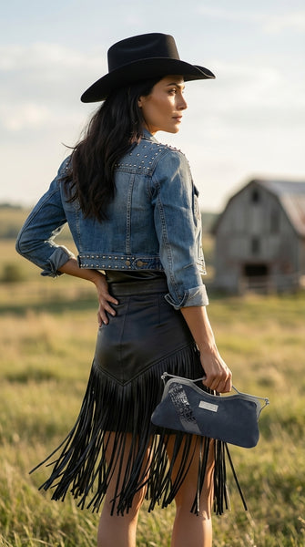 Nola & Eve Canyon Belle clutch in luxe suede with diagonal croc-embossed panel and gold kiss-lock frame, handmade western-inspired statement bag