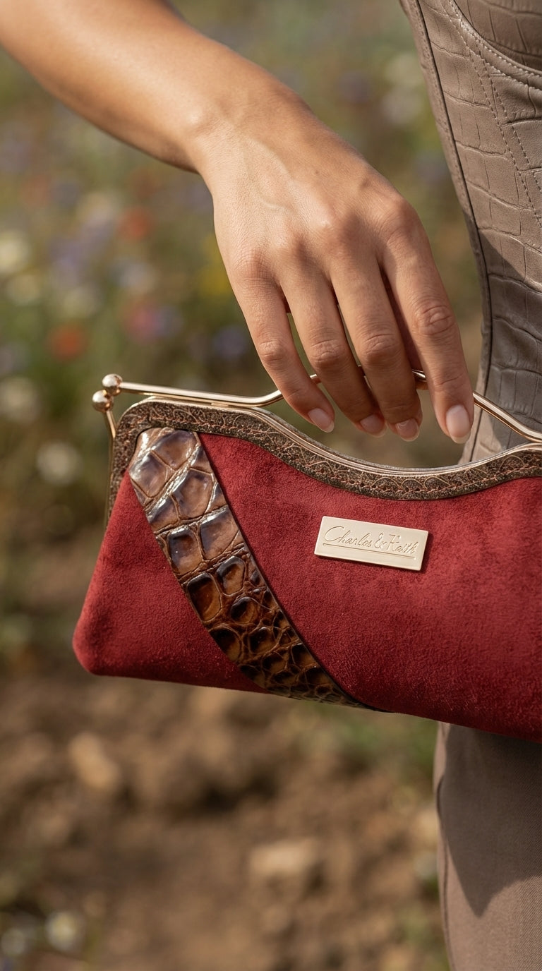Canyon Belle suede and croc clutch by Nola & Eve with curved top handle and crossbody chain