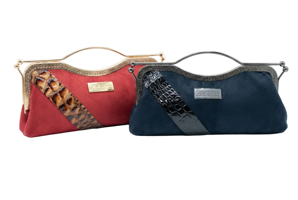 Nola & Eve Canyon Belle clutch in luxe suede with diagonal croc-embossed panel and gold kiss-lock frame, handmade western-inspired statement bag