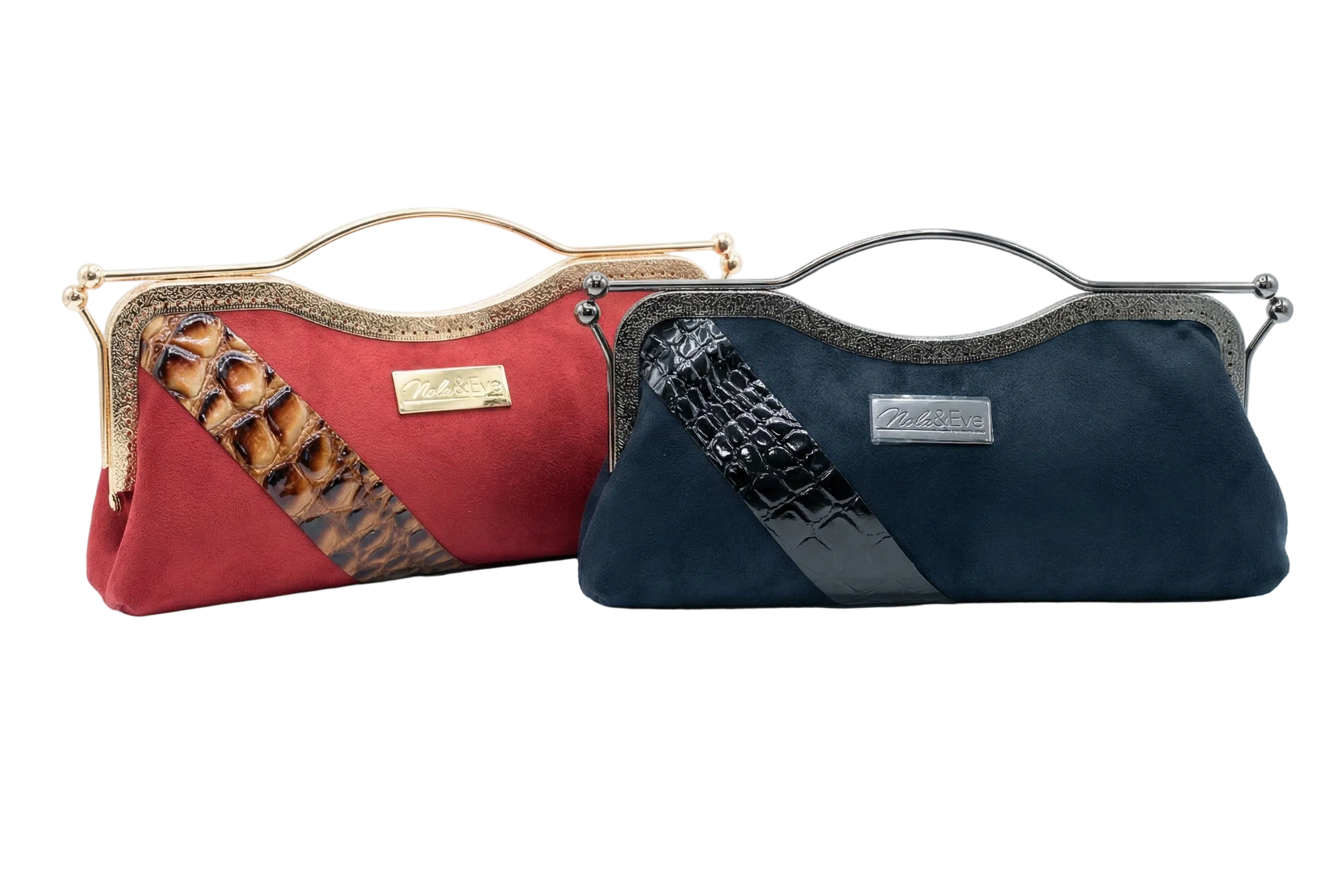 Nola & Eve Canyon Belle clutch in luxe suede with diagonal croc-embossed panel and gold kiss-lock frame, handmade western-inspired statement bag
