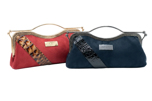 Nola & Eve Canyon Belle clutch in luxe suede with diagonal croc-embossed panel and gold kiss-lock frame, handmade western-inspired statement bag