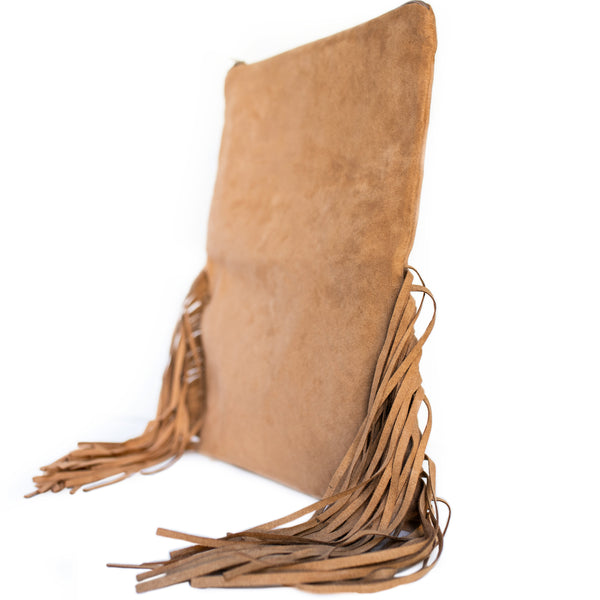 Tan Suede Fringe Clutch