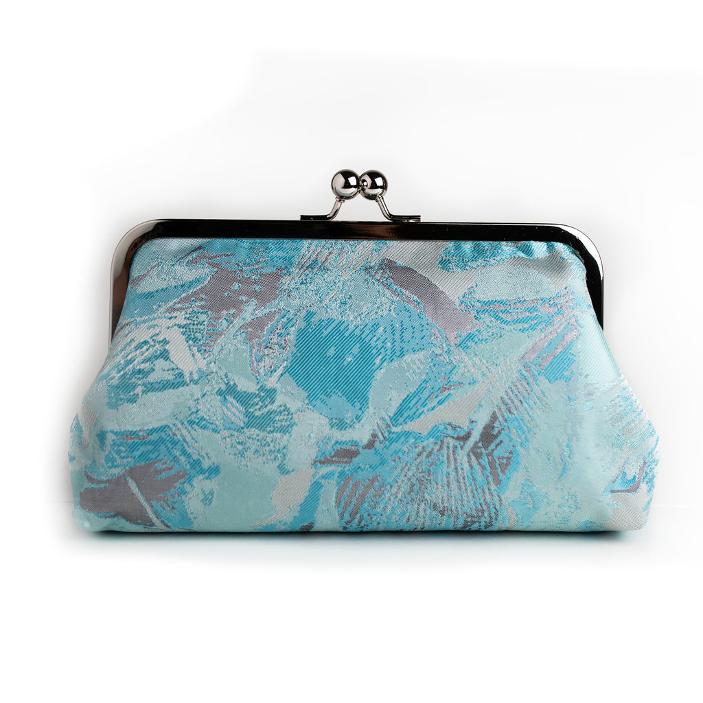 Nola & Eve Turquoise and Silver Brocade Clutch in abstract blue, grey, and silver, handmade statement bag
