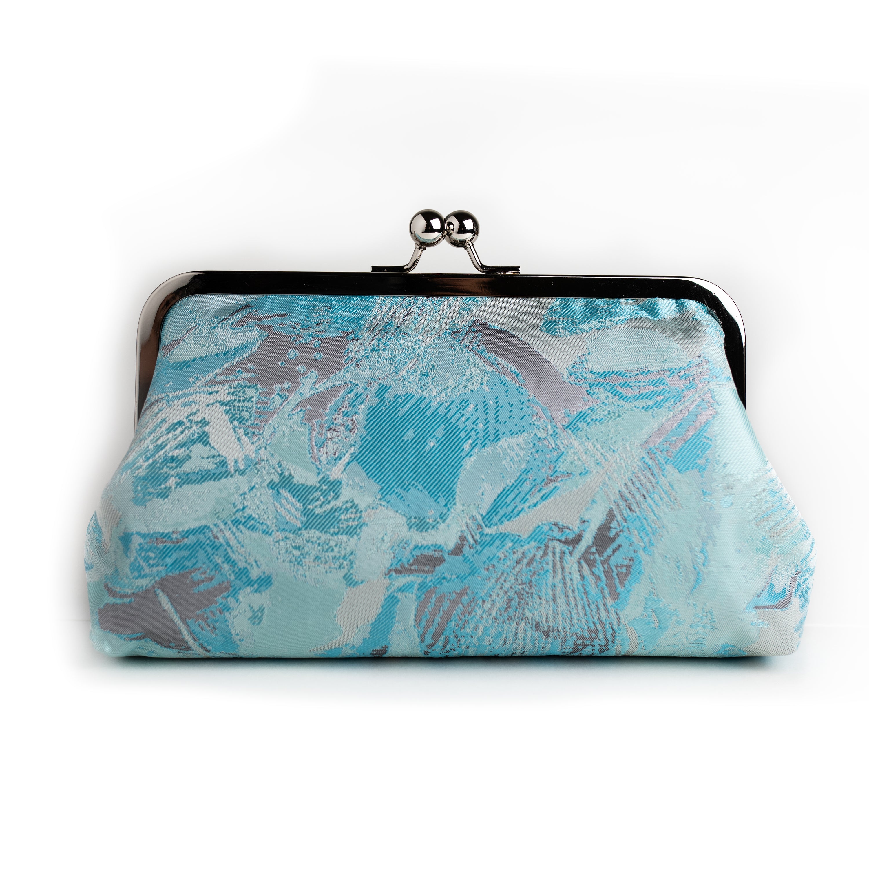 Nola & Eve Turquoise and Silver Brocade Clutch in abstract blue, grey, and silver, handmade statement bag