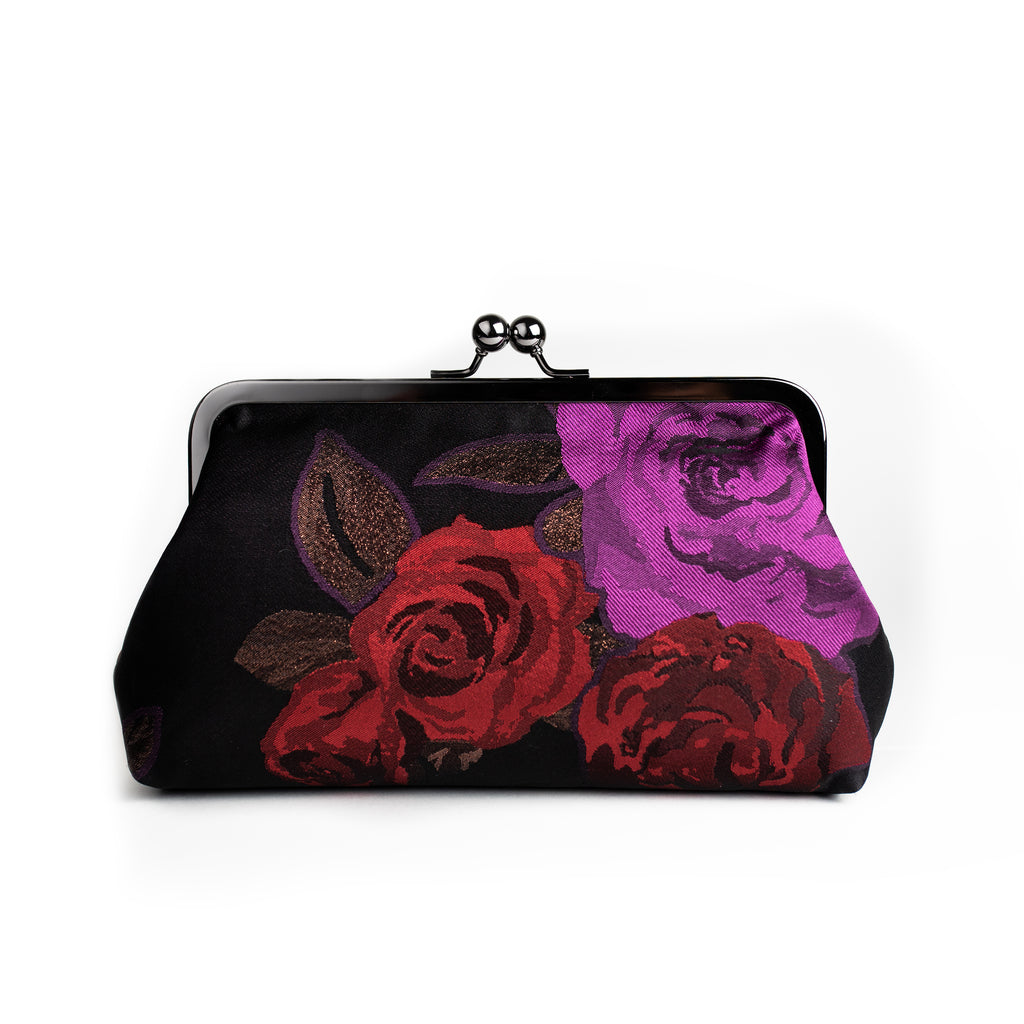 Nola & Eve Red and Purple Rose Brocade Clutch in black and purple with vivid red rose embroidery, handmade statement bag