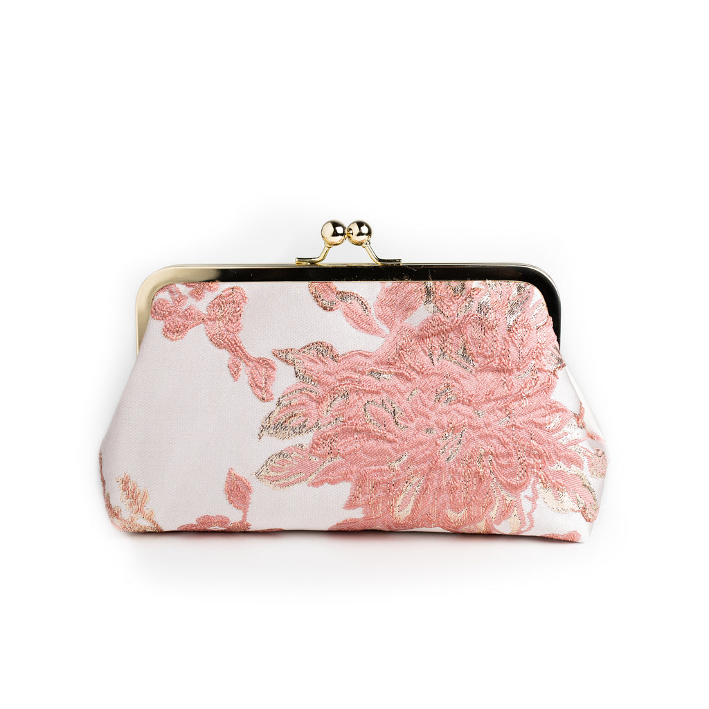Nola & Eve Pink and Mauve Brocade Clutch in pink and white florals with gold frame, handmade statement bag