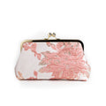 Nola & Eve Pink and Mauve Brocade Clutch in pink and white florals with gold frame, handmade statement bag