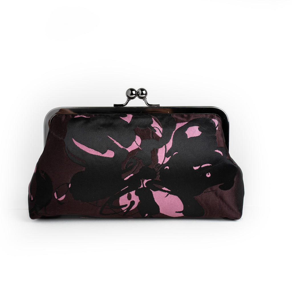 Nola & Eve Black and Aubergine Brocade Clutch in black with florid pink florals and mirrored detailing, handmade statement bag