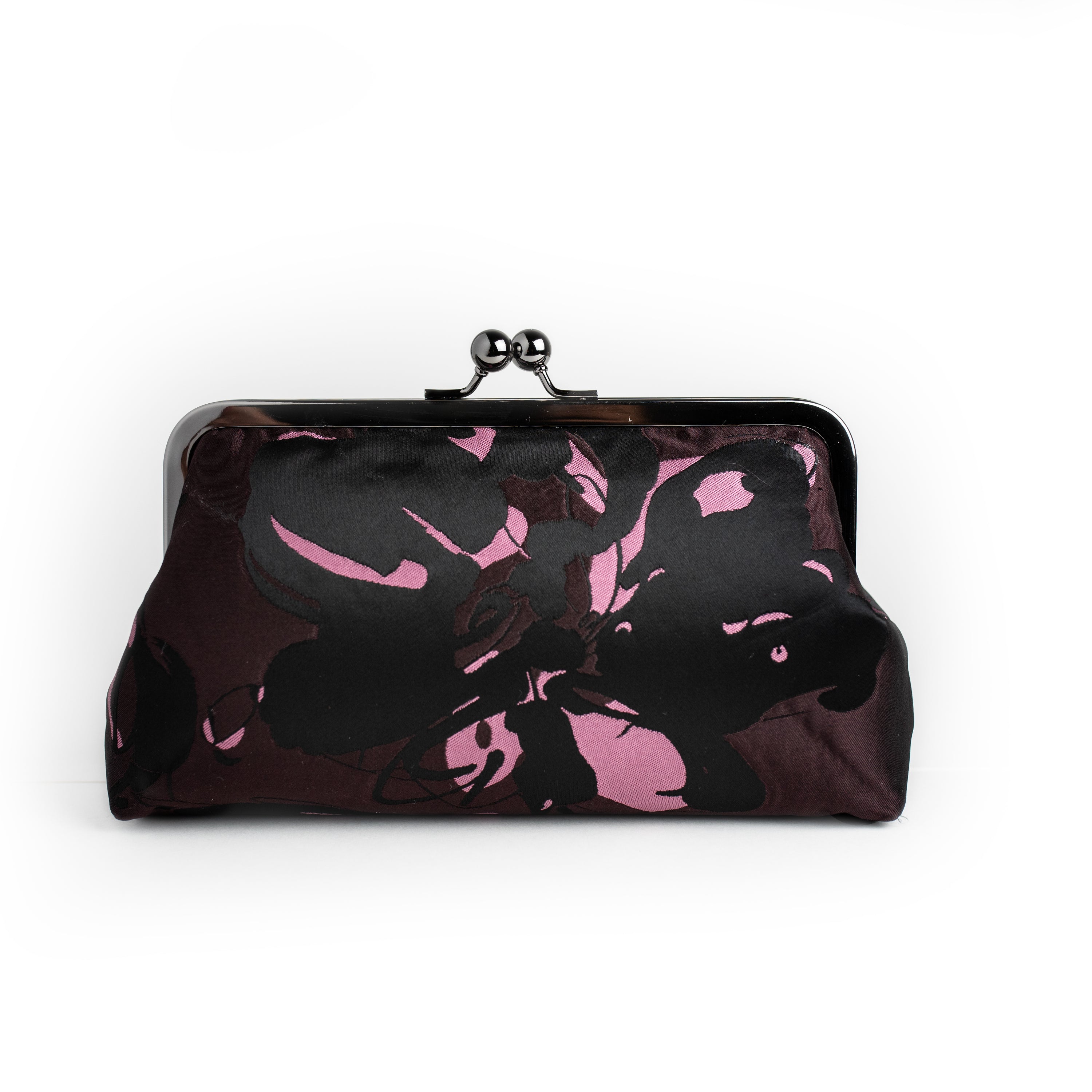 Nola & Eve Black and Aubergine Brocade Clutch in black with florid pink florals and mirrored detailing, handmade statement bag