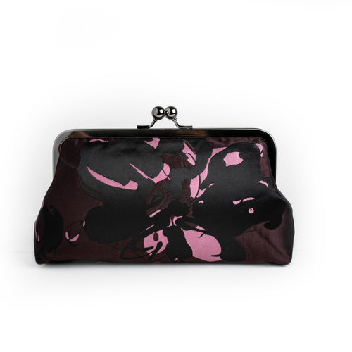 Nola & Eve Black and Aubergine Brocade Clutch in black with florid pink florals and mirrored detailing, handmade statement bag
