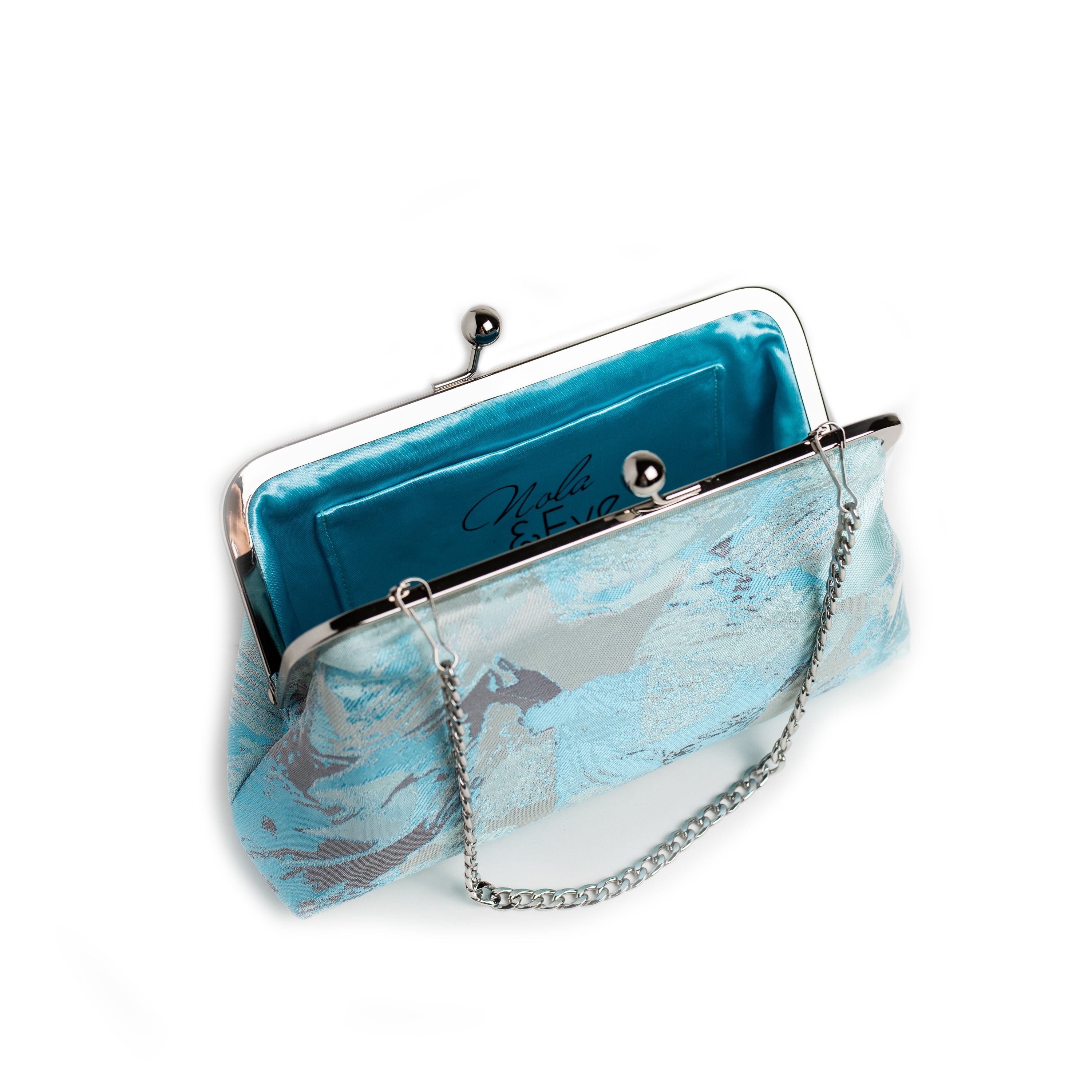 Turquoise and Silver abstract brocade clutch by Nola & Eve with dual chain straps