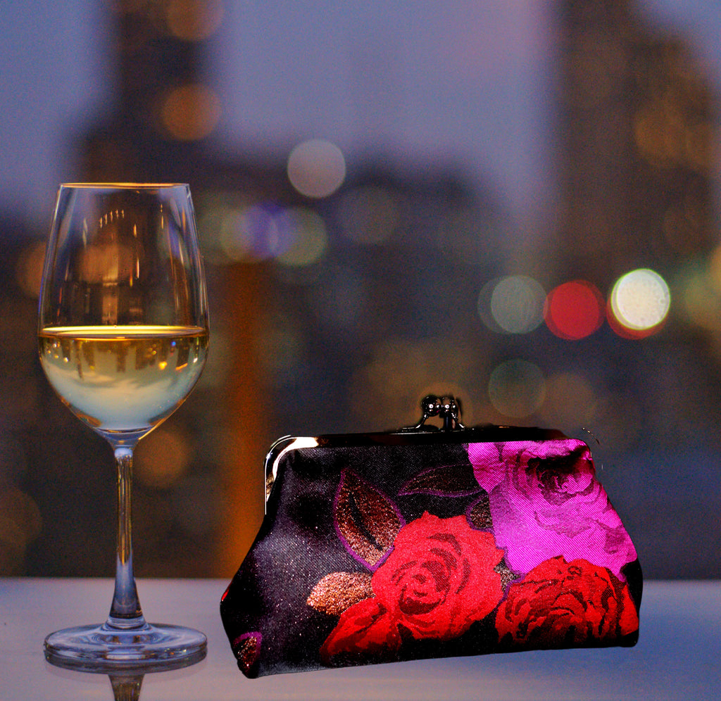 Nola & Eve handmade Red and Purple Rose brocade evening clutch with fully lined interior