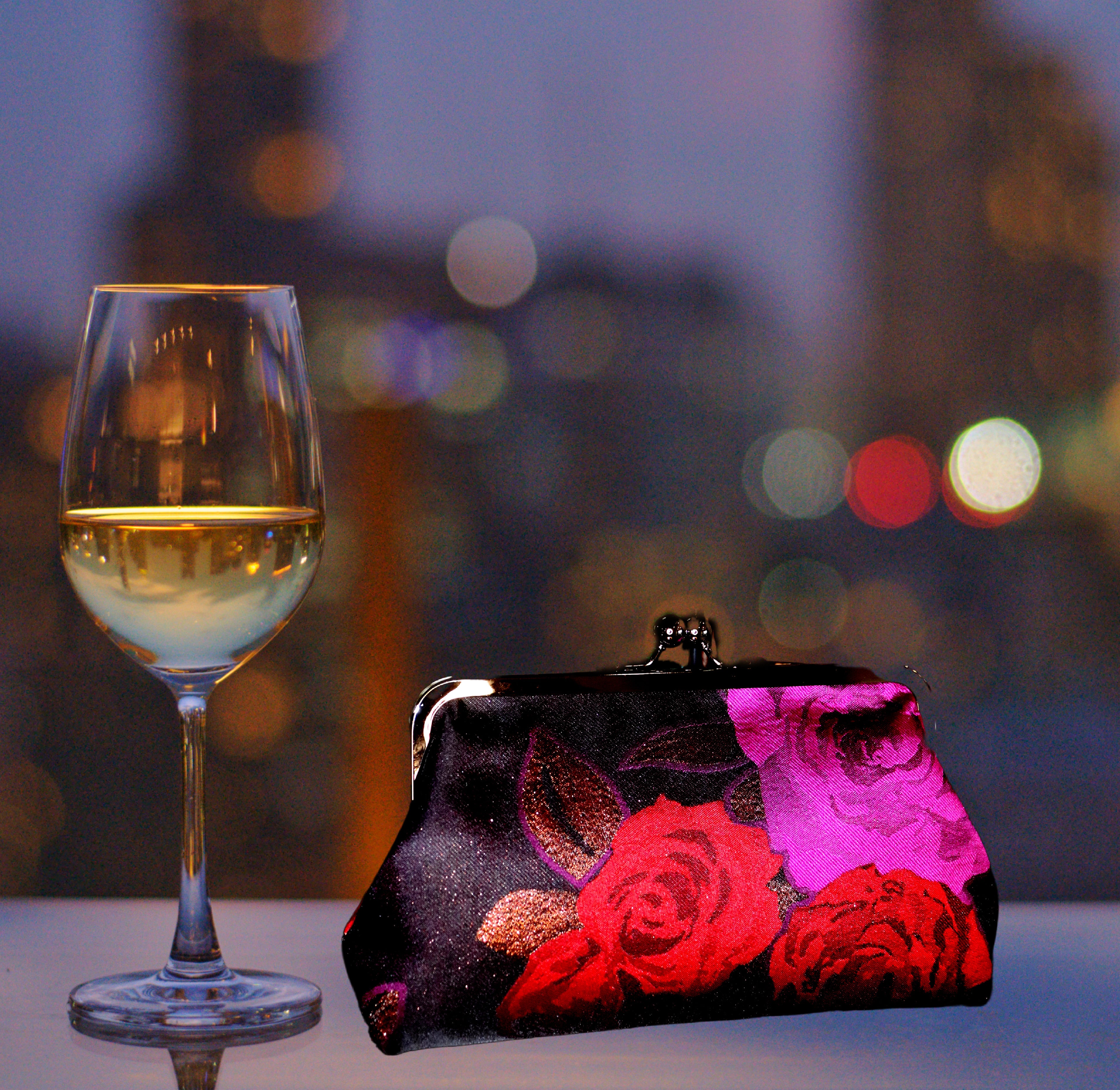 Nola & Eve handmade Red and Purple Rose brocade evening clutch with fully lined interior