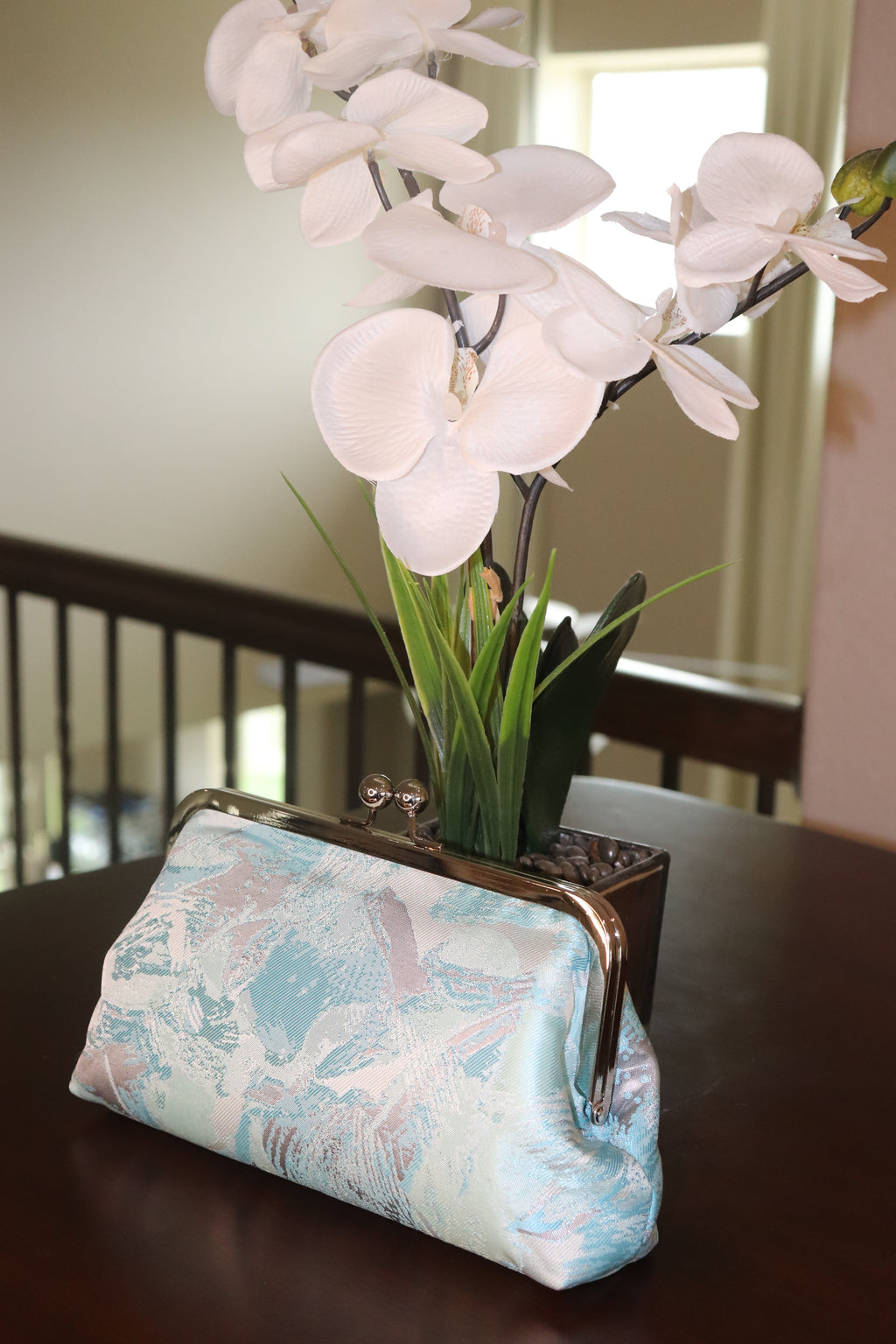 Nola & Eve handmade Turquoise and Silver brocade evening clutch with spacious lined interior
