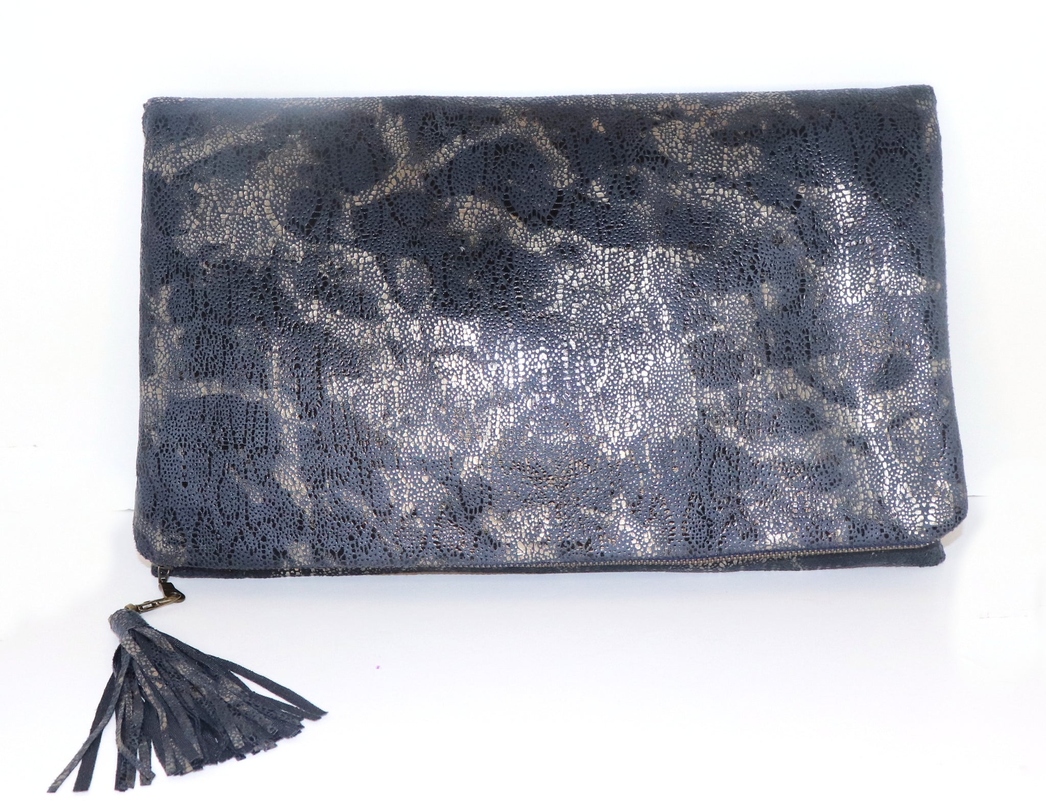 Navy and Pewter-Gold Textured Suede Clutch