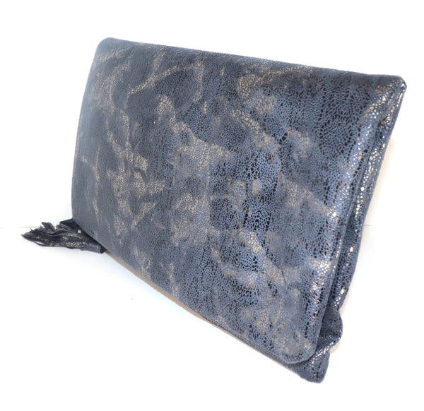 Navy and Pewter-Gold Textured Suede Clutch