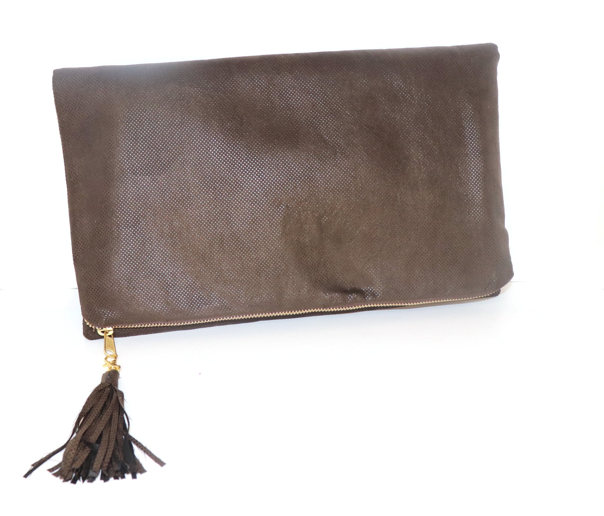 Leather Fold-Over Fringe Clutch Bag Tan