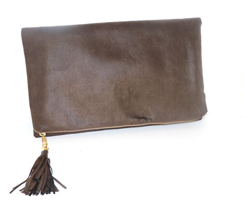 Chocolate Brown Textured Suede Clutch