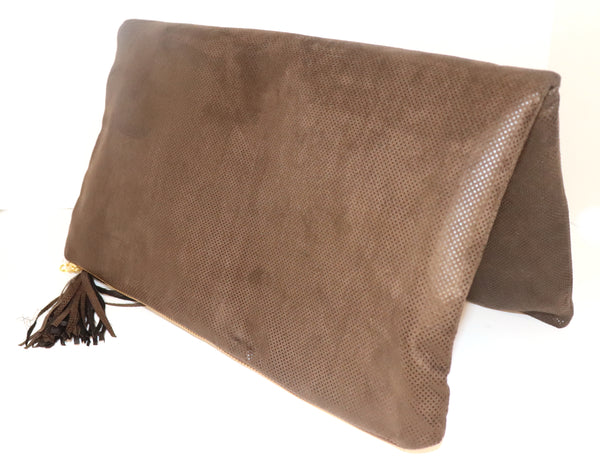 Chocolate Brown Textured Suede Clutch