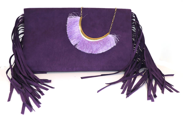 Purple Suede Fringe Clutch