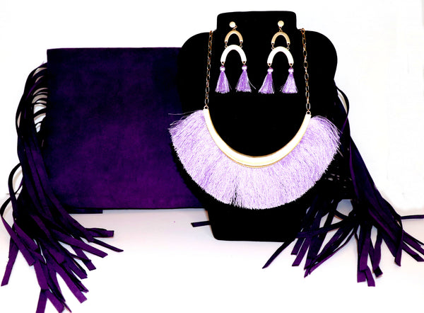 Purple Suede Fringe Clutch